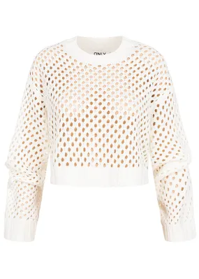 ONLY Dames NOOS Crop Sweater met gatenpatroon en ronde hals wit