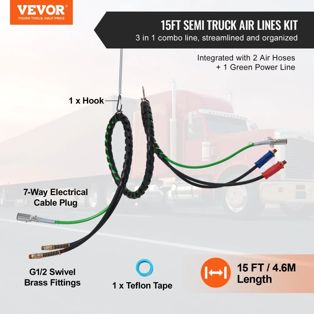 VEVOR 12FT SEMI TRUCK LUCHTLEIDINGSET 3IN1 LUCHTSLANGEN 7WEG CONNECTOR