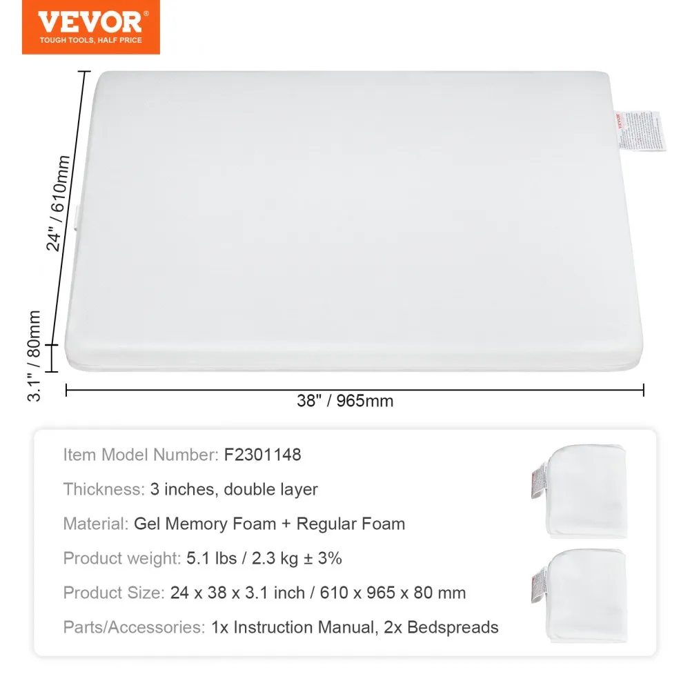 VEVOR BABYBEDMATRAS, KINDERMATRAS, 610 X 965 X 80 MM, BABYKINDERMATRAS, DUBBELZIJDIG GEBRUIK, WASBAAR JEUGDMATRAS, MATRAS, BIJZ