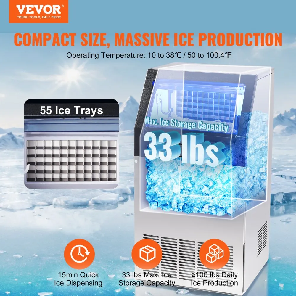 VEVOR COMMERCIëLE IJSMACHINE, 45KG/24U IJSBLOKJESMACHINE, 55 IJSBLOKJES IN 1215 MINUTEN, VRIJSTAANDE KASTIJSMACHINE MET 15KG OP