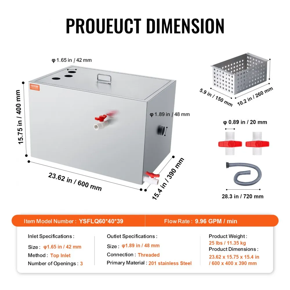VEVOR commerciële vetafscheider, 40 lbs vetafscheider, boveninlaatafscheider, 9,96 GPM/min roestvrijstalen vetafscheider onder g