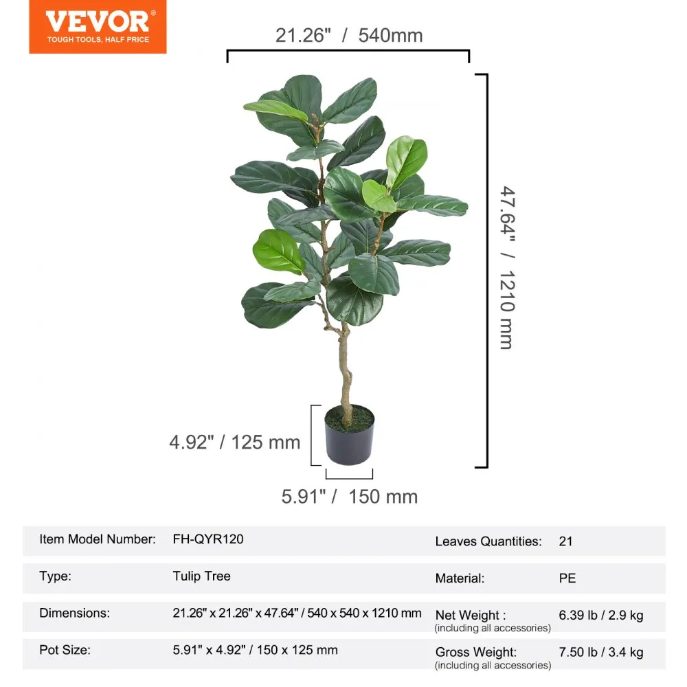 VEVOR Fiddler Fig Kunstmatige 54x54x121cm Kunstplant PE Kunstplanten Nep Plastic Planten in een Pot Kunstbloem Geurloos Waterdic