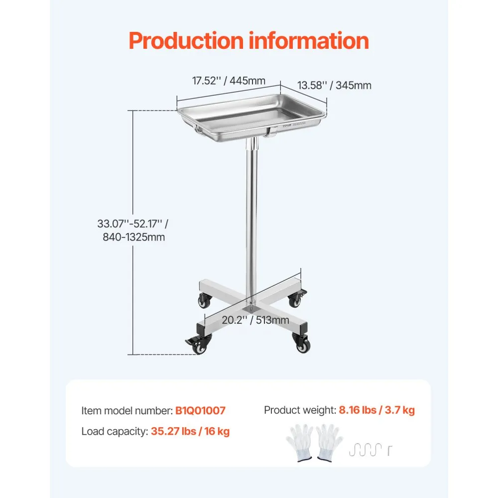 VEVOR MOBIELE MAYO STAND ROESTVRIJSTALEN MAYO TRAY 25,2"39,8" MET VERWIJDERBARE LADE