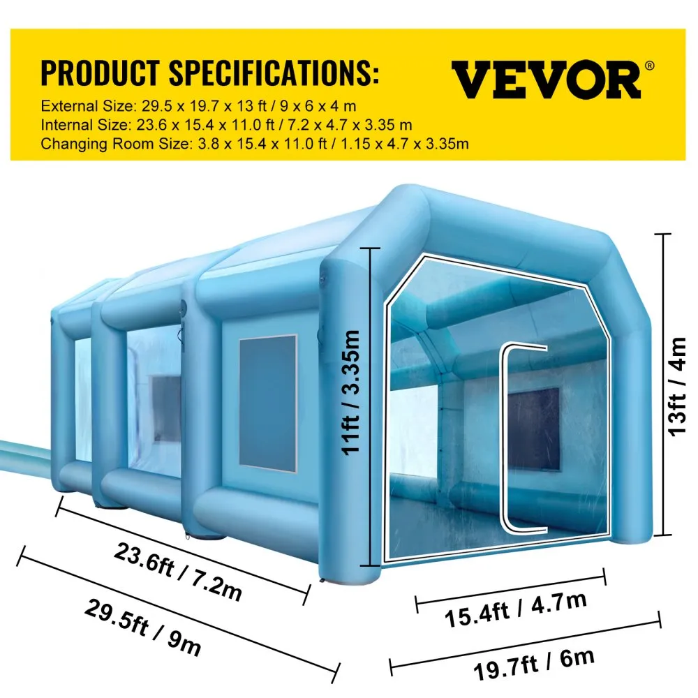 VEVOR opblaasbare spuitcabine 9 x 6 x 4 m spuitcabine, krachtige blower opblaasbare spuitcabine met luchtfiltersysteem, autolakc