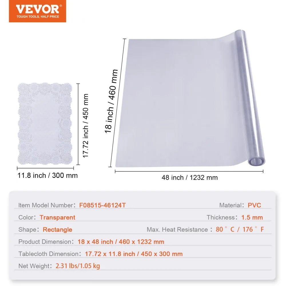 VEVOR tafelfolie tafelbescherming transparant 1,5 mm dikte, tafelbeschermingsfolie PVC 460 x 1232 mm rechthoekig tafelkleed tafe